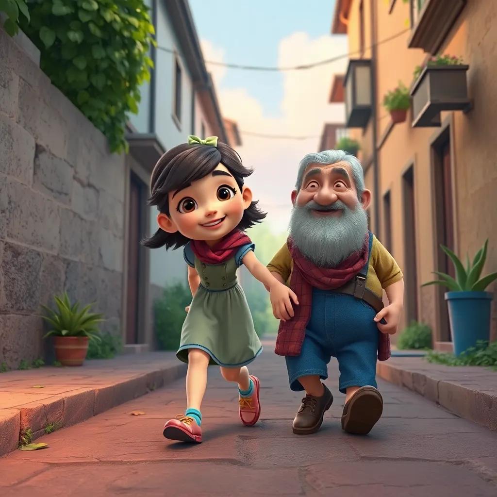 Ana, una niña divertida, ayudando a un anciano a cruzar la calle, ambos sonriendo, un ambiente amigable y animado, calidez en los colores, arte digital