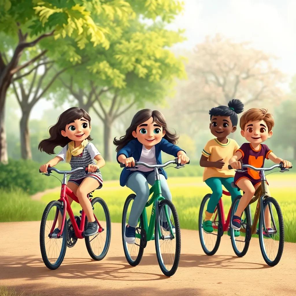 Grupo de niños de diversas etnias, en bicicletas, con Ana mostrando cómo jugar con seguridad, todos riendo y disfrutando, fondo del parque lleno de alegría, ilustración alegre