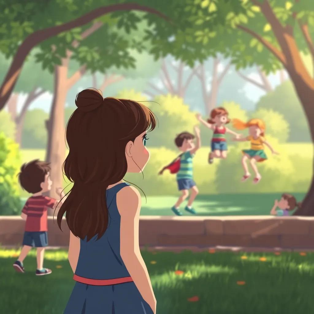 Ana, la niña, observando a los niños saltando y riendo en el parque, todos juntos en un ambiente de juego, cálidos colores y feliz, ilustración encantadora