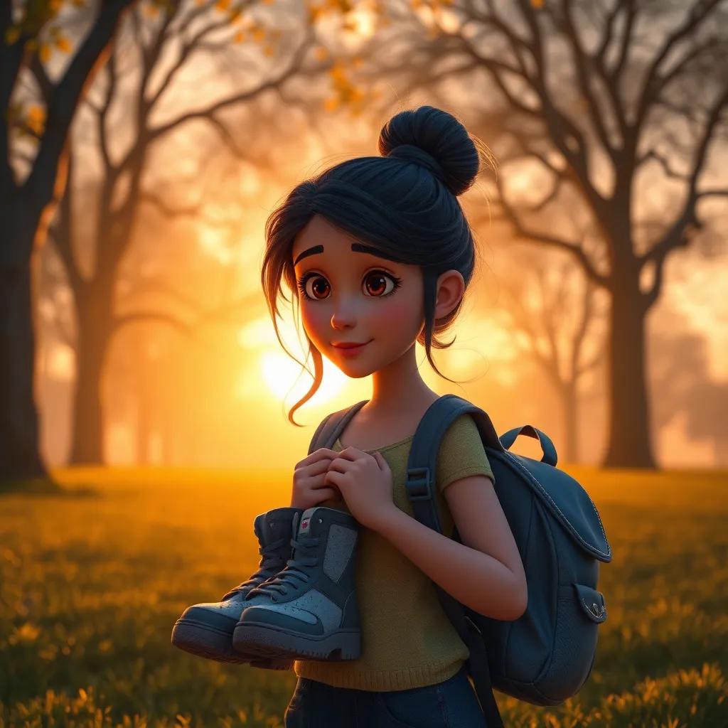 Ana, mirando los zapatos mágicos, guardándolos en su mochila, con una sonrisa pensativa, al caer el sol en el parque, arte digital, ambiente nostálgico, suave iluminación