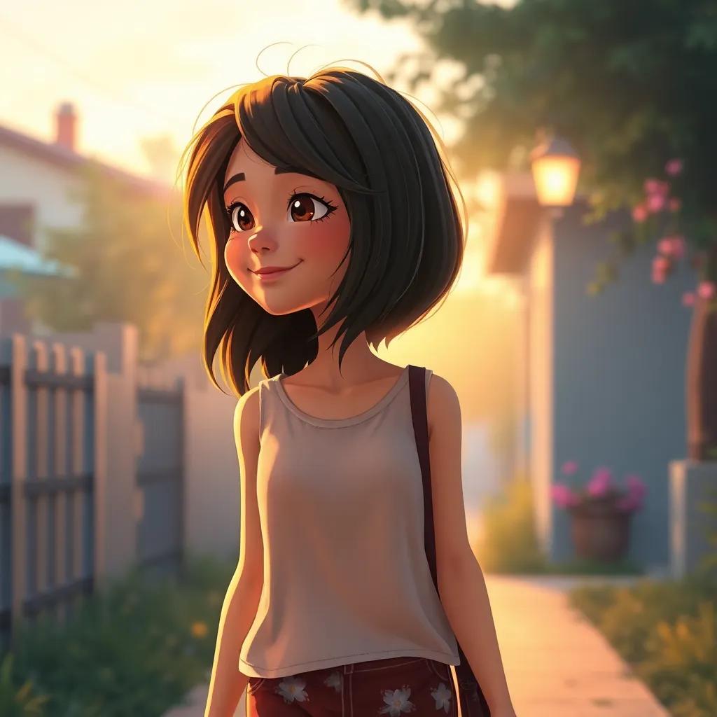 Ana con su cabello rizado, caminando hacia casa, con una sonrisa, atardecer de fondo, su corazón lleno de alegría y amistad, arte digital, suave y melódico, evocador