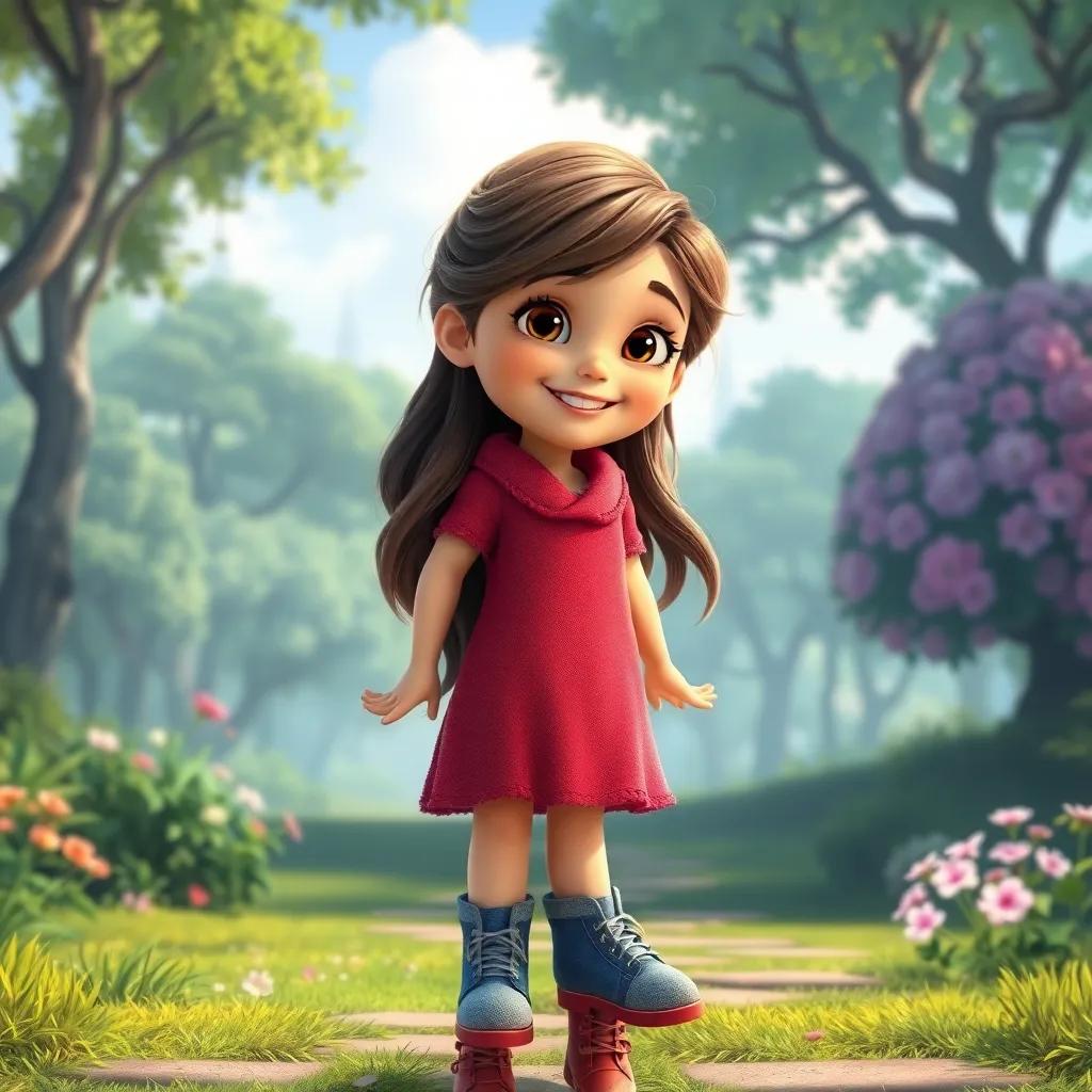 Ana, una niña feliz con cabello rizado, dejando atrás los zapatos mágicos pero sonriente, mostrando su verdadero poder, fondo de un hermoso parque, arte digital, mágico y optimista