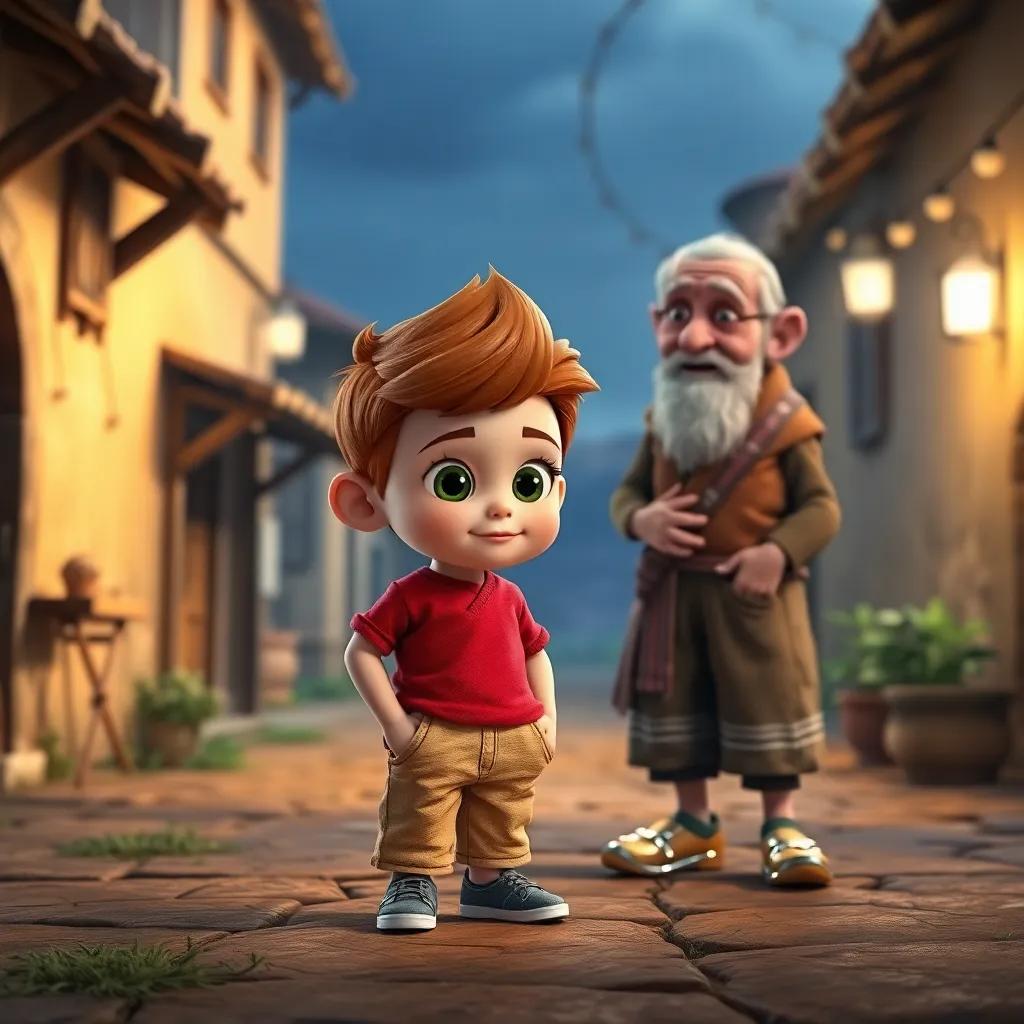 Un niño llamado Leo, pequeña figura, con cabello castaño y ojos brillantes, vestido con una camiseta roja y pantalones cortos, frente a un viejo baúl con zapatos brillantes que brillan, en un pueblo acogedor, digital art, vibrante colores, atmósfera mágica, alta calidad