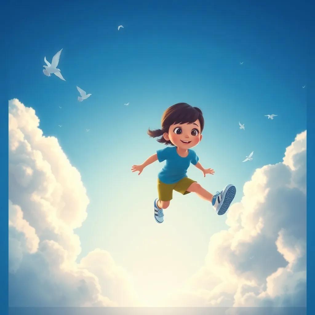 Leo y su amiga Tami, una niña con cabello rizado y una camiseta azul, flotando en el cielo azul, usando zapatos que brillan, rodeados de nubes esponjosas y pájaros, perspectiva de vista desde abajo, art digital, alegre, alta calidad