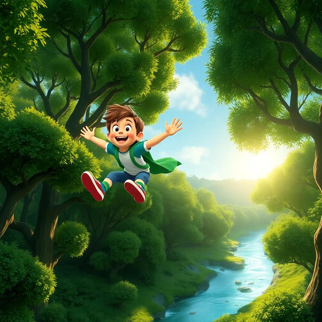 Leo y Tami volando sobre un bosque verde con muchos árboles y un río brillante, expresiones de felicidad, zapatos voladores destacados, luz del sol brillando, perspectiva panorámica, arte infantil, colorido y vibrante, alta calidad