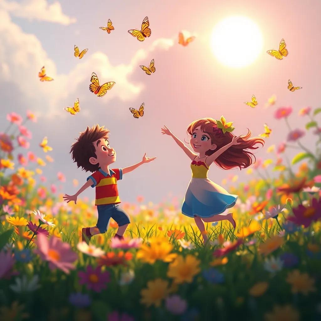 Un campo de flores coloridas bailando con el viento, Leo y Tami jugando en el aire, rodeados de mariposas sonrientes, paisaje encantador, estilo ilustración, cálida luz del sol, ambiente alegre, alta calidad
