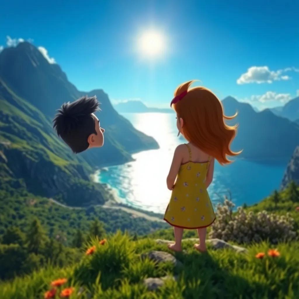 Una majestuosa montaña con vista al mar brillante, Leo y Tami en el aire disfrutando la vista, un paisaje pintoresco lleno de colores vivos, estilo digital, escena mágica, alta calidad