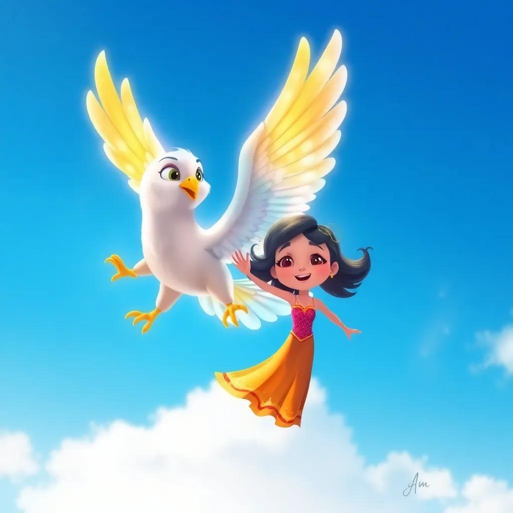 Un ave mágica de colores brillantes volando junto a Leo y Tami, en un cielo azul claro, con una sonrisa amistosa, estilo ilustración digital, vibrante y encantador, alta calidad