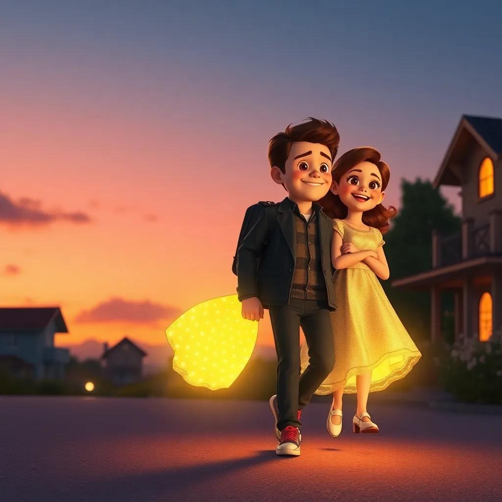 Leo y Tami regresando a casa, los zapatos voladores brillando con luz dorada, en un atardecer hermoso, sus rostros radiantes de alegría, estilo digital, conmovedor y cálido, alta calidad