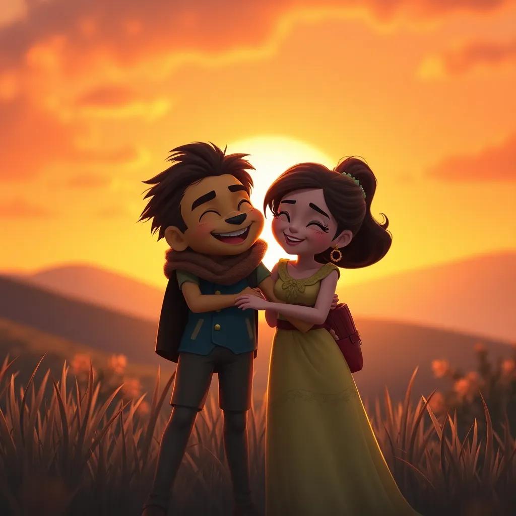 Leo y Tami abrazados, compartiendo su aventura, en un entorno de colores dorados y suaves, en el atardecer, arte digital, cálido y emotivo, alta calidad
