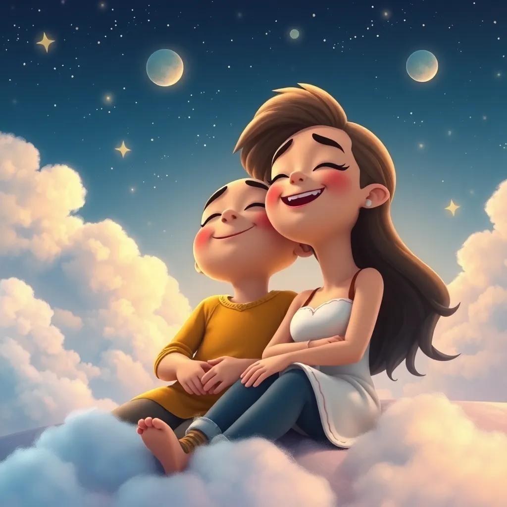 Leo y Tami sonriendo y riendo, con un fondo de nubes y paisajes mágicos, representando amistad y sueños, arte digital, colorido, alto detalle, alta calidad