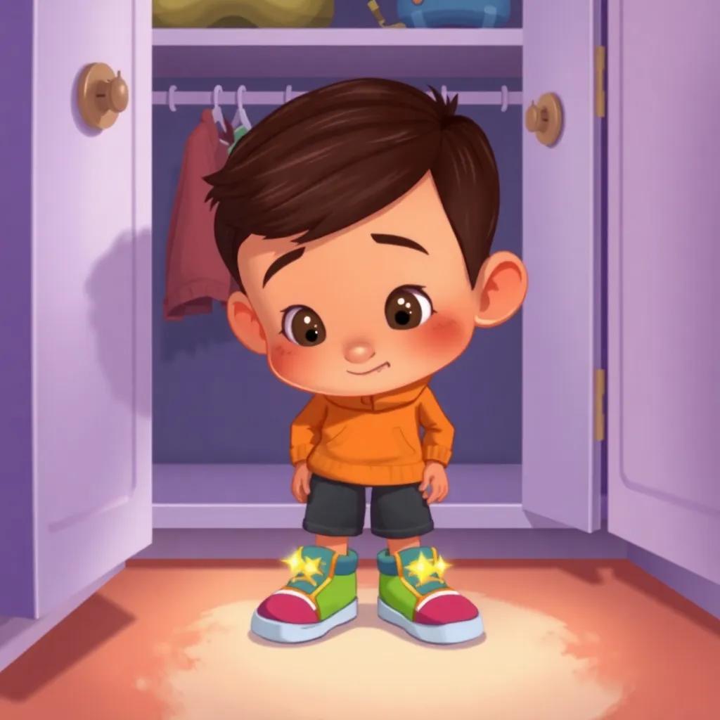 Un niño, Mateo, con cabello castaño corto, usando zapatos brillantes y coloridos con estrellitas doradas, mirando unos zapatos especiales que encontró en un armario polvoriento, ilustración alegre, estilo de cuento infantil, colores vivos, ángulo amigable, alta calidad