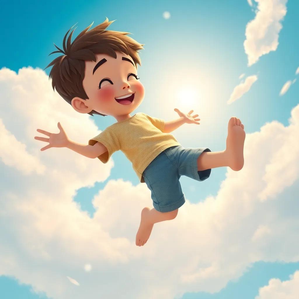 Mateo, un niño con cabello castaño corto, saltando entre nubes suaves y esponjosas, rodeado de un cielo azul claro, disfrutando del viento y riéndose, arte digital, alegre, colores suaves, perspectiva desde abajo, alta calidad