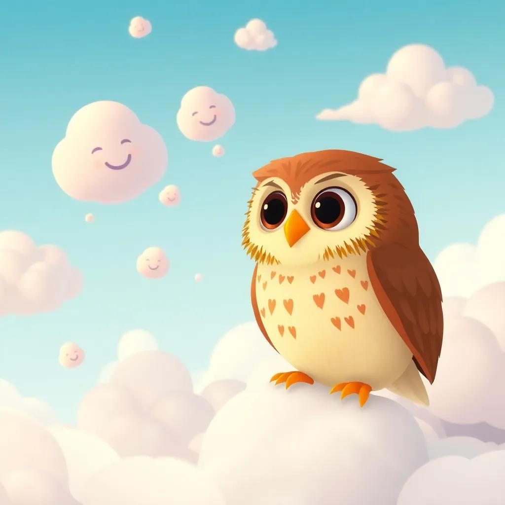 Un búho sabio, de plumas marrones y grandes ojos, hablando con Mateo en las nubes, mientras las nubes toman formas divertidas a su alrededor, ilustración educativa, colores cálidos, ambiente acogedor, calidad detallada