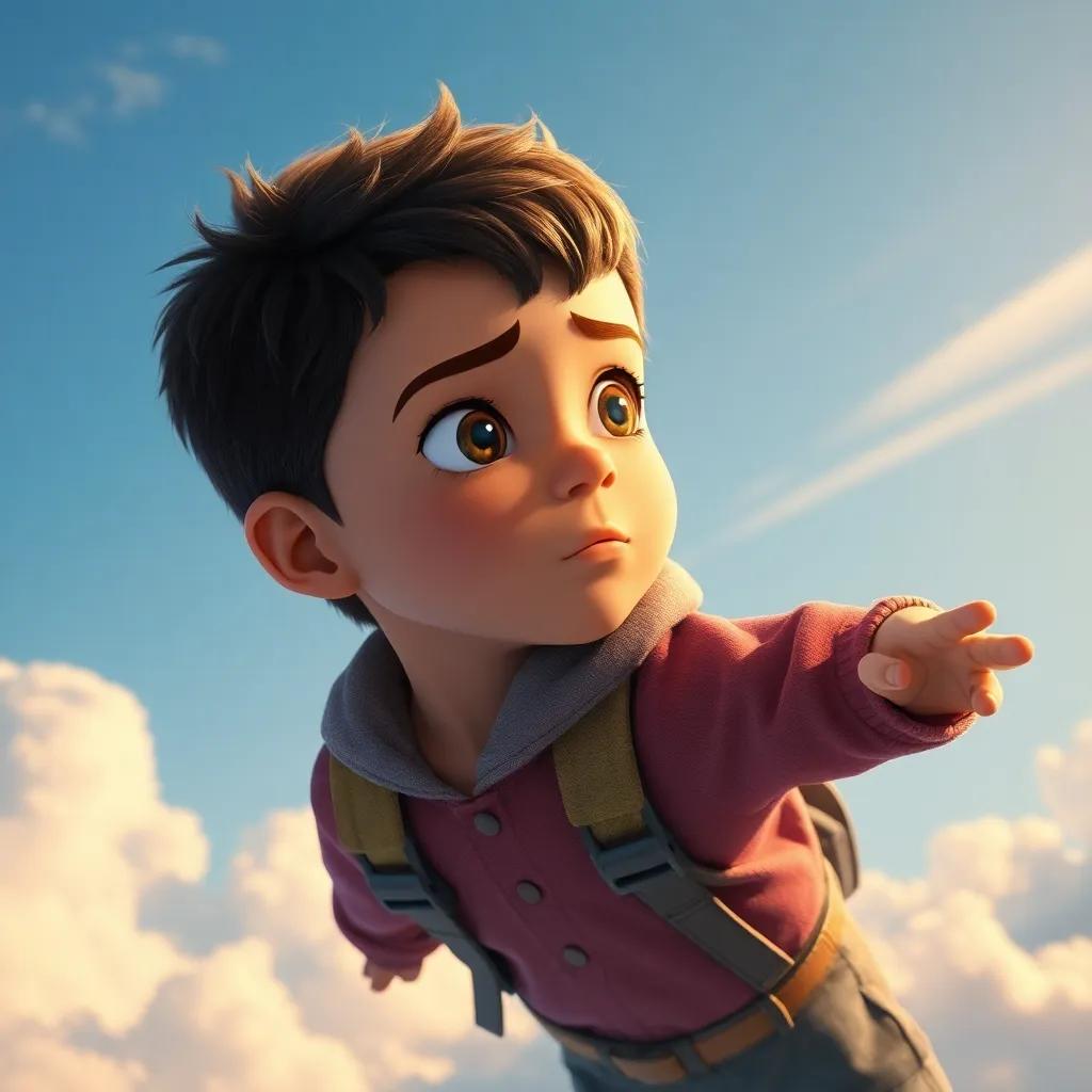 Mateo, un niño con cabello castaño corto, tratando de volver a casa, mirando al horizonte mientras salta sobre nubes, expresión de determinación y responsabilidad en su rostro, arte digital, colores vivos, ángulo heroico, alta calidad