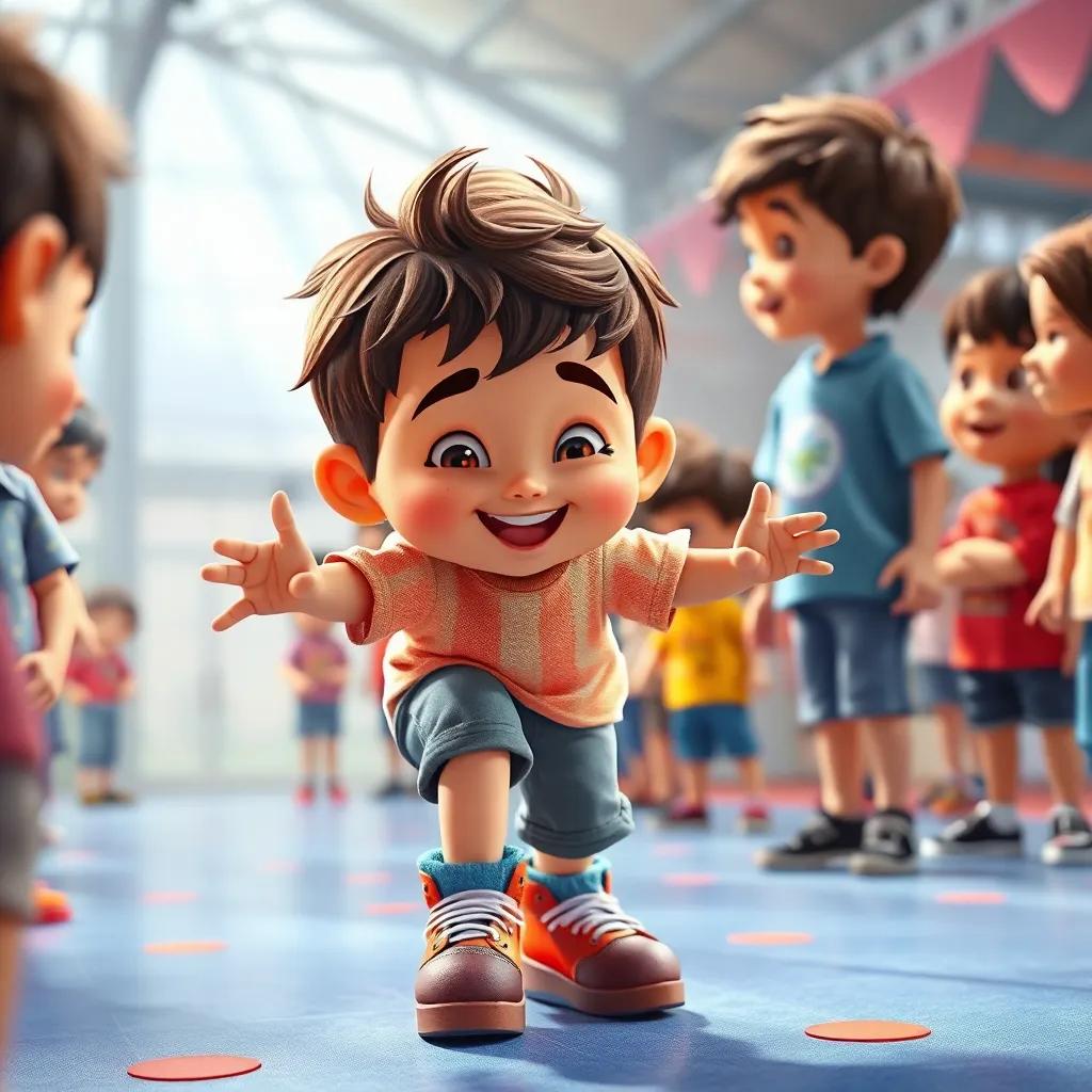 Mateo, un niño con cabello castaño corto, usando los zapatos saltarines y ayudando a otros niños a alcanzar cosas altas, sonriendo mientras los niños lo miran con admiración, ambiente comunitario, colores vibrantes, perspectiva amigable, alta calidad