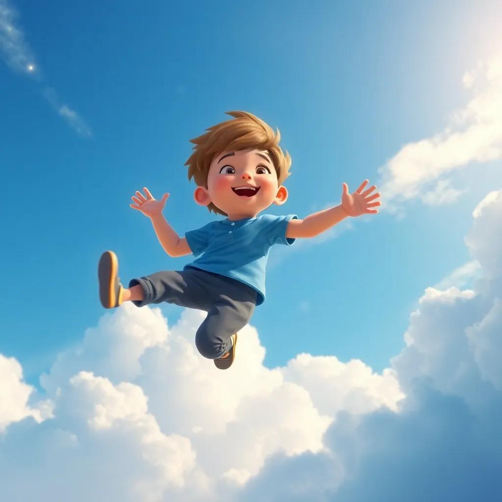 Un niño, Leo, con cabello castaño, usando una camiseta azul y pantalones cortos, saltando alto en el aire entre nubes esponjosas y brillantes, hermoso cielo azul, digital art, alegre, colorido, detallado