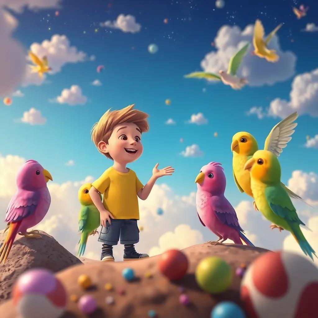 Leo, el niño emocionado, hablando con un grupo de pájaros coloridos, en un lugar mágico entre las nubes, lleno de juguetes y colores vibrantes, arte digital, fantasía, mágico, detallado