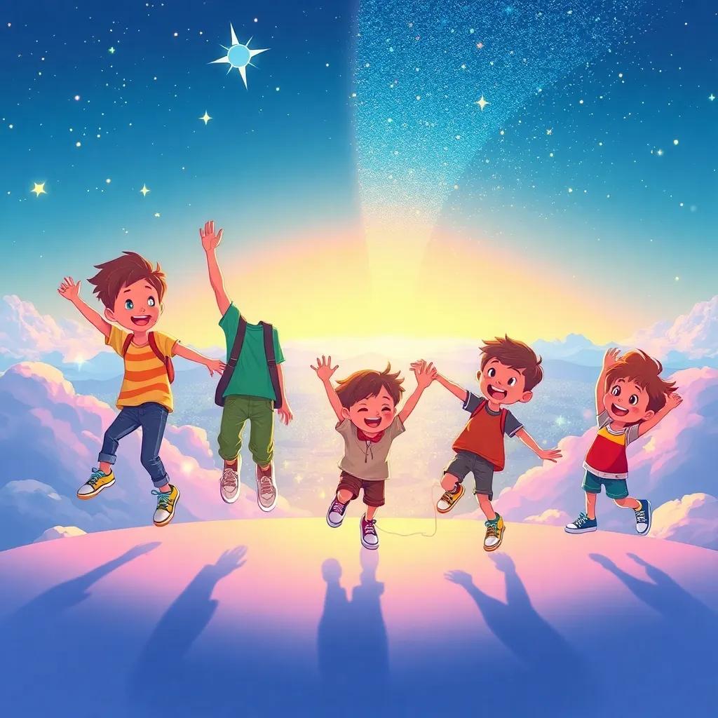 Varios niños en zapatos brillantes, jugando en el cielo con estrellas, arcoíris y una vista espectacular, todos riendo y disfrutando, ilustración, alegre, dinámico, colorido