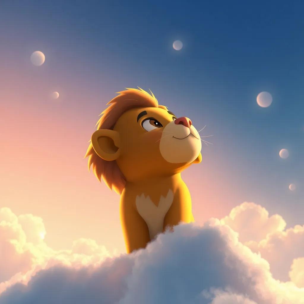 Leo, mirando hacia abajo desde las nubes, sintiéndose feliz pero pensativo, entendiendo su responsabilidad de regresar a casa, arte digital, suave luz, melancólico pero hermoso