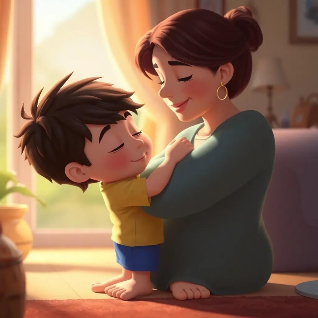 Leo, de vuelta en casa sin los zapatos, abrazando a su madre y sonriendo, en un entorno cálido y acogedor, arte digital, cálido, emocional, familiar