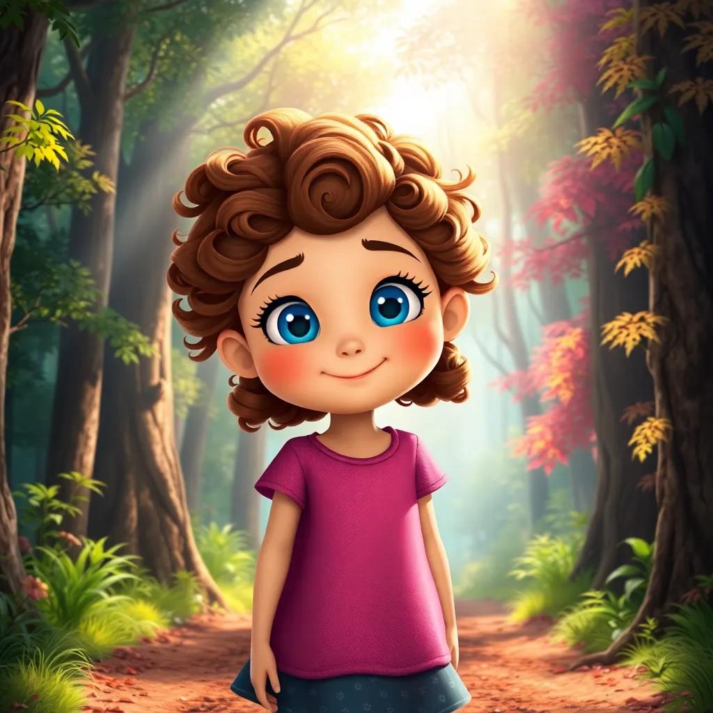 A little girl named Mia with bright blue eyes and curly brown hair, standing at the entrance of the Whispering Woods, vibrant trees around her, sunlight piercing through, digital art, cheerful, bright colors, inviting atmosphere, high quality
