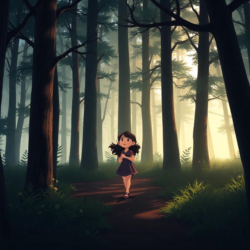 Mia wandering deeper into the woods, surrounded by tall trees, their branches swaying gently, shadows starting to grow, expression of curiosity, soft sunlight fading, illustration, enchanting, emotional warmth, child-friendly