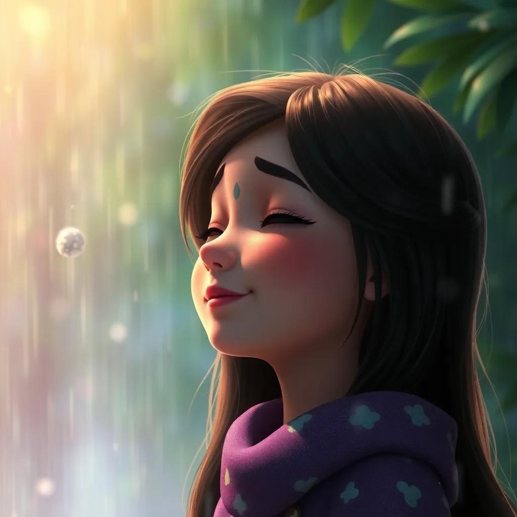 Mia with her eyes closed, listening to the sound of rain and the whispering of the trees, a dreamy expression, magical glow around, fantasy, soft focus, colorful ambiance, high quality