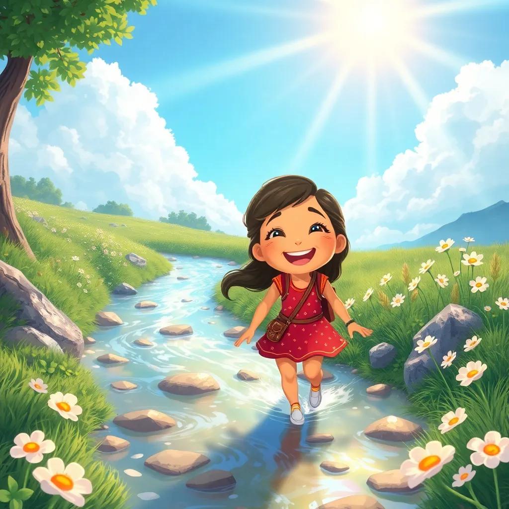 A stream flowing brightly, with Mia following its path, laughter on her face, sunlight breaking through the clouds, surrounded by twinkling flowers, illustration, joyful, vibrant, adventure-themed, child-friendly