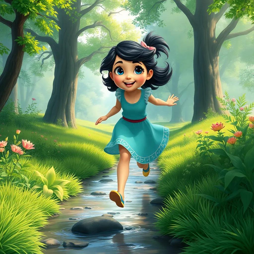 Mia skipping joyfully while following the stream, lush greenery on both sides, trees whispering secrets, sparkle in her blue eyes, digital art, detailed, uplifting atmosphere, high quality