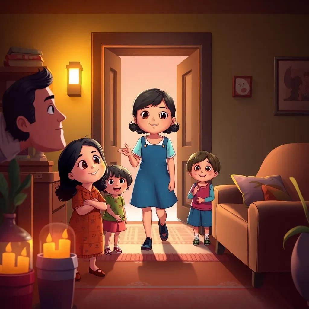 Mia finally reaching her home with the dim lights glowing, her family waiting and looking relieved, scene filled with warmth and love, cozy home setting, illustration, heartwarming, detailed, colorful
