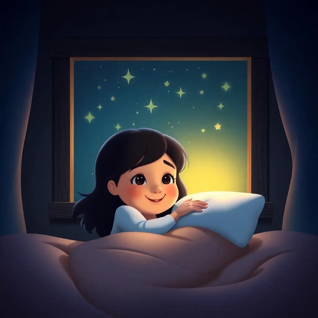 Mia happily cuddled in her bed, reflecting on her adventure in the woods, stars twinkling outside her window with a gentle smile, warm light inside, digital art, peaceful, dreamy, child-friendly, high quality
