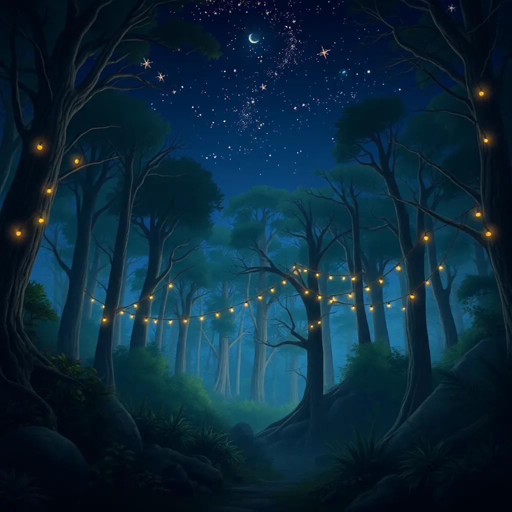 A view of the Whispering Woods from the outside at night, full of twinkling stars and a calm atmosphere, symbolizing adventure and exploration, digital painting, serene, enchanting, magical feel, high quality