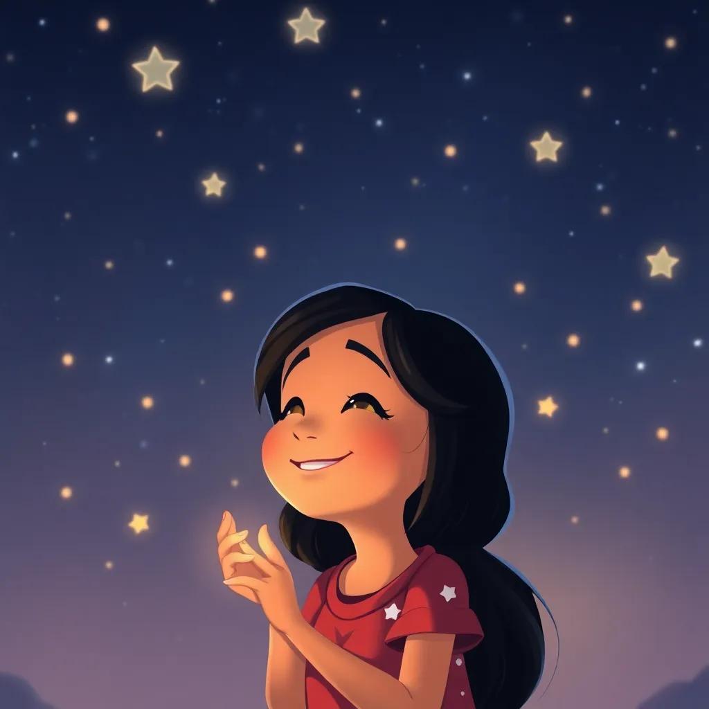 Mia smiling under the stars, remembering her adventure, surrounded by soft night colors, a feeling of warmth and contentment emanating, illustration, joyful, nostalgic, high quality