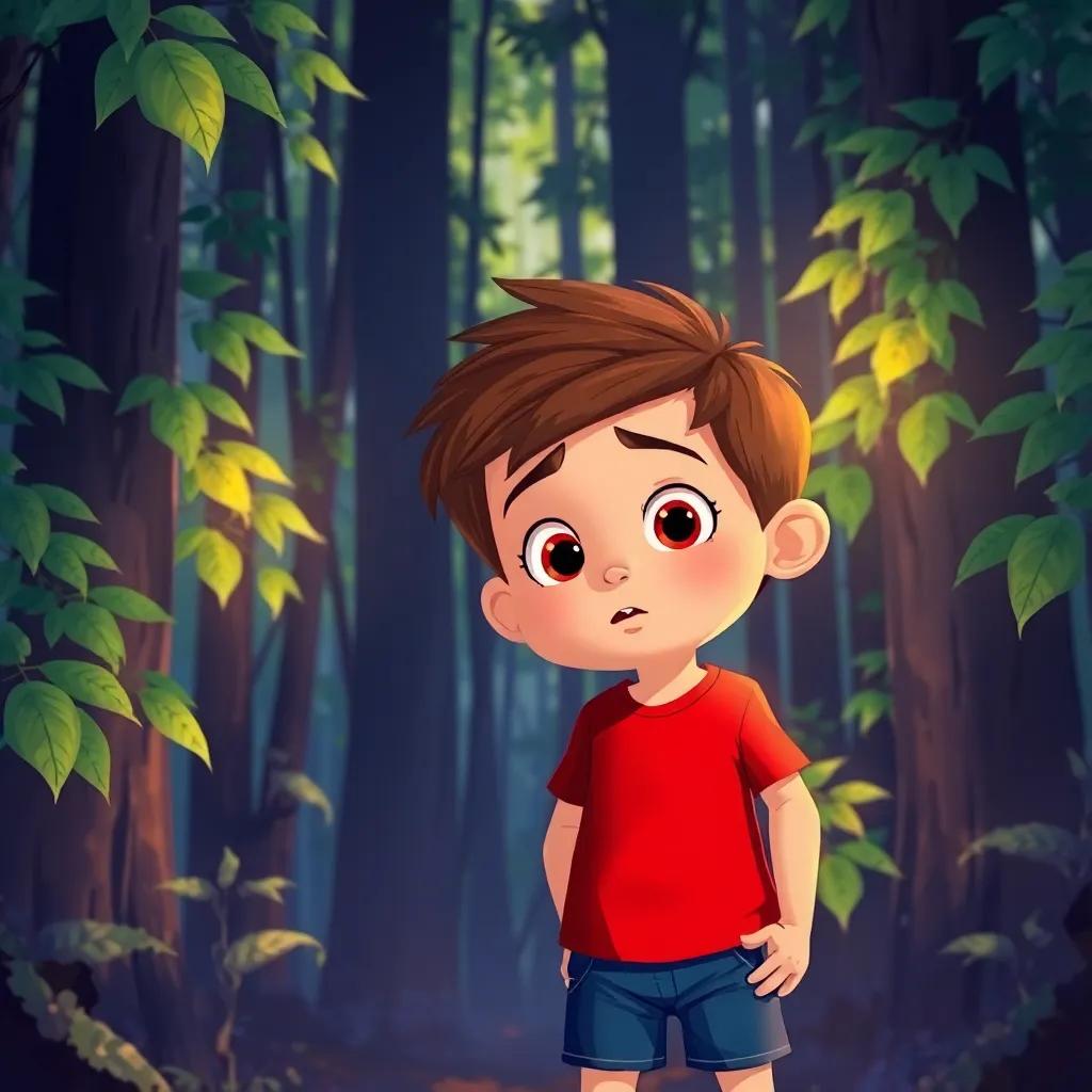 A brave little boy, Max, with short brown hair and wearing a red t-shirt and blue shorts, standing in a dense forest with tall trees and whispering leaves, feeling a bit scared but determined, illustration, vibrant colors, magical atmosphere, charming and child-friendly
