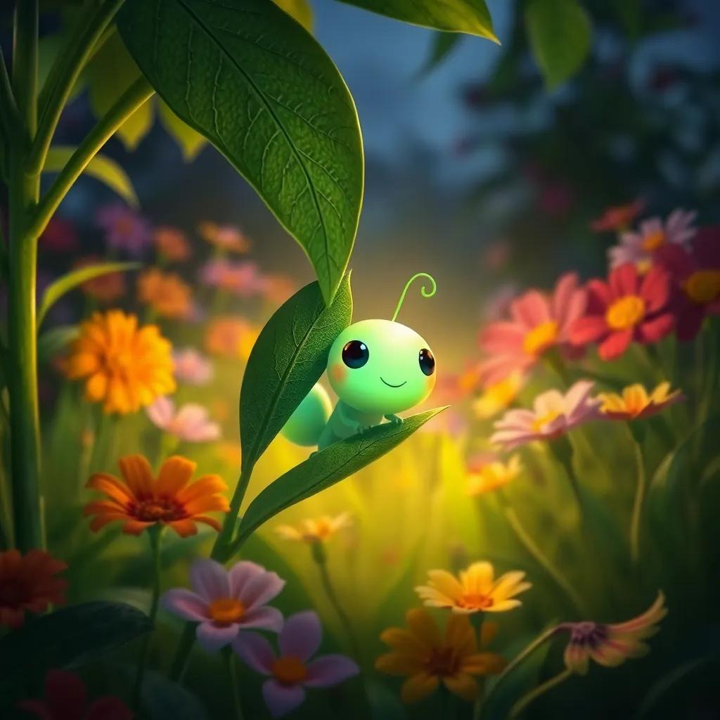 A shy little lightning bug named Louie, with a soft green glow, hiding behind a leaf in a big green garden surrounded by colorful flowers, digital art, warm night scene, peaceful atmosphere, high quality