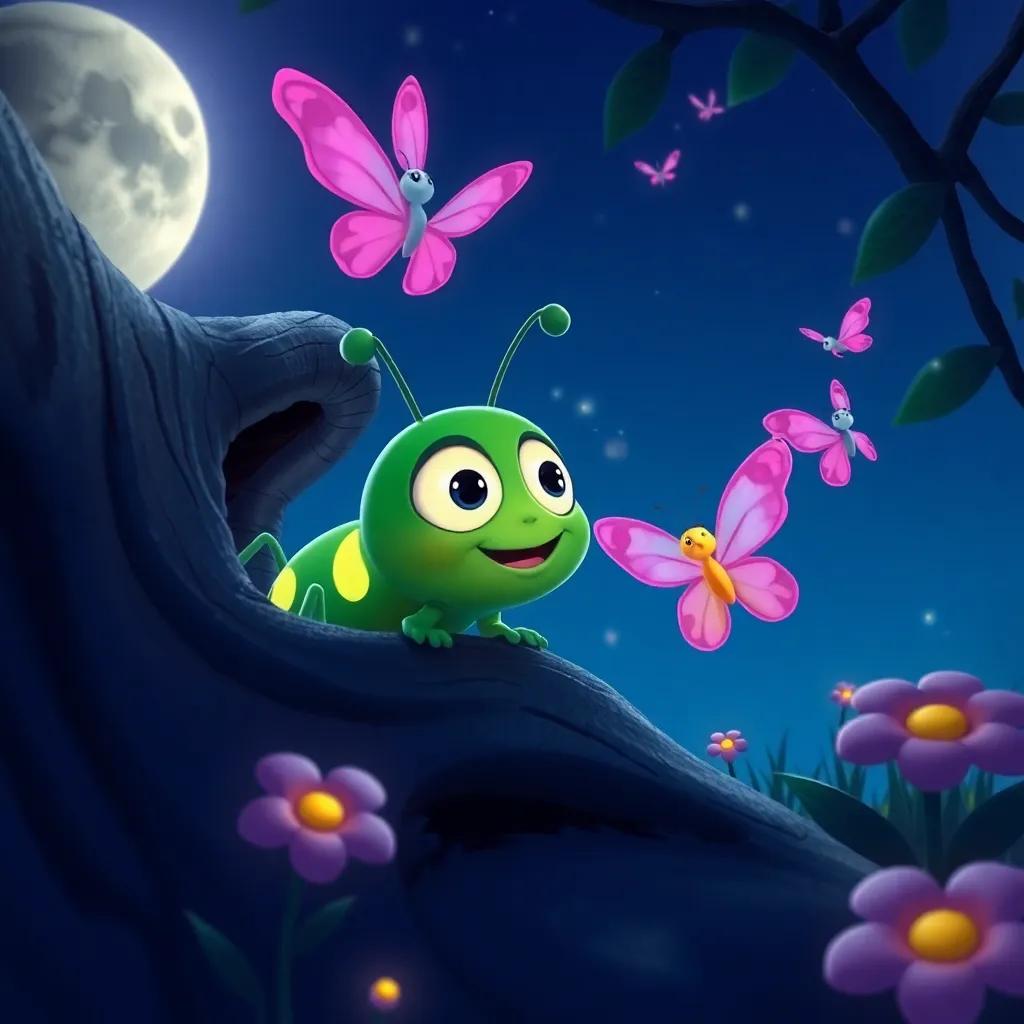 Louie the lightning bug peeking out from his hiding place, watching his friends fly and dance joyfully in the moonlight, with a beautiful pink butterfly named Bella, cheerful and bright colors, enchanting nighttime, high quality