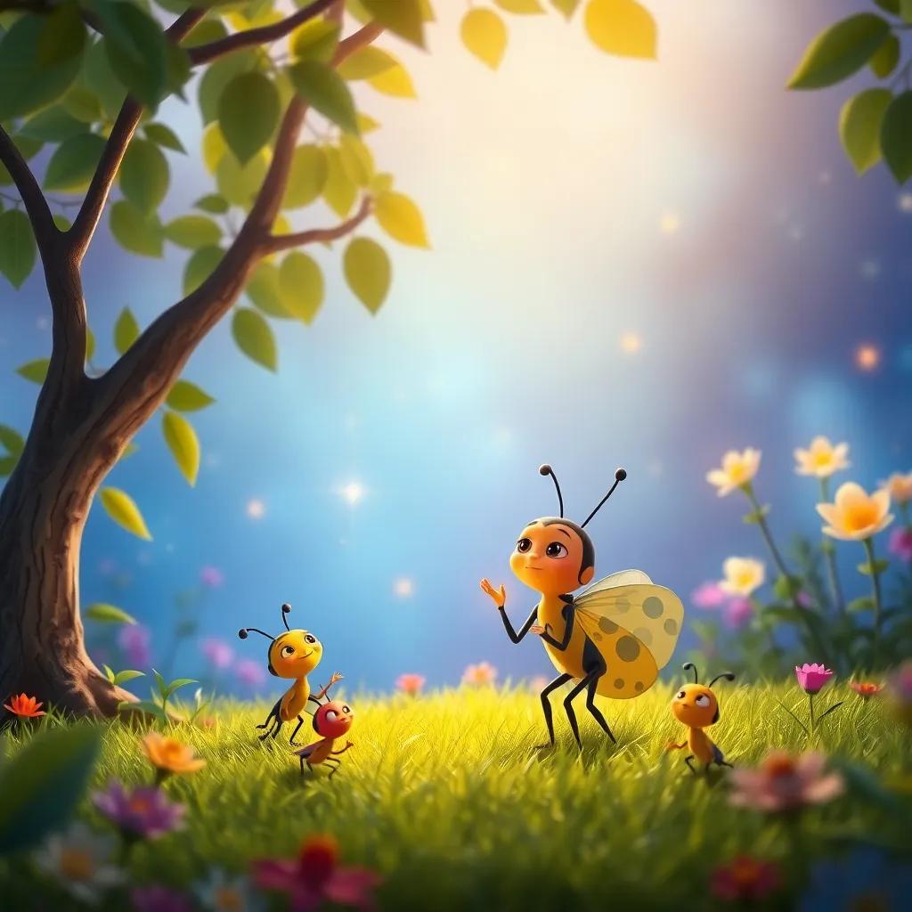 Louie, the little lightning bug, taking a deep breath, preparing to join his friends, with his tiny friends encouraging him, in a magical garden with twinkling stars, vibrant colors, inspiring scene, high quality