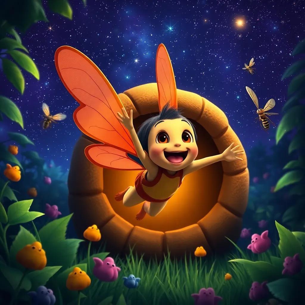 Louie flying out of his hiding spot with excitement, joined by Bella and other insect friends, soaring through the lush garden under a starry sky, filled with wonder and thrill, colorful nighttime, high quality