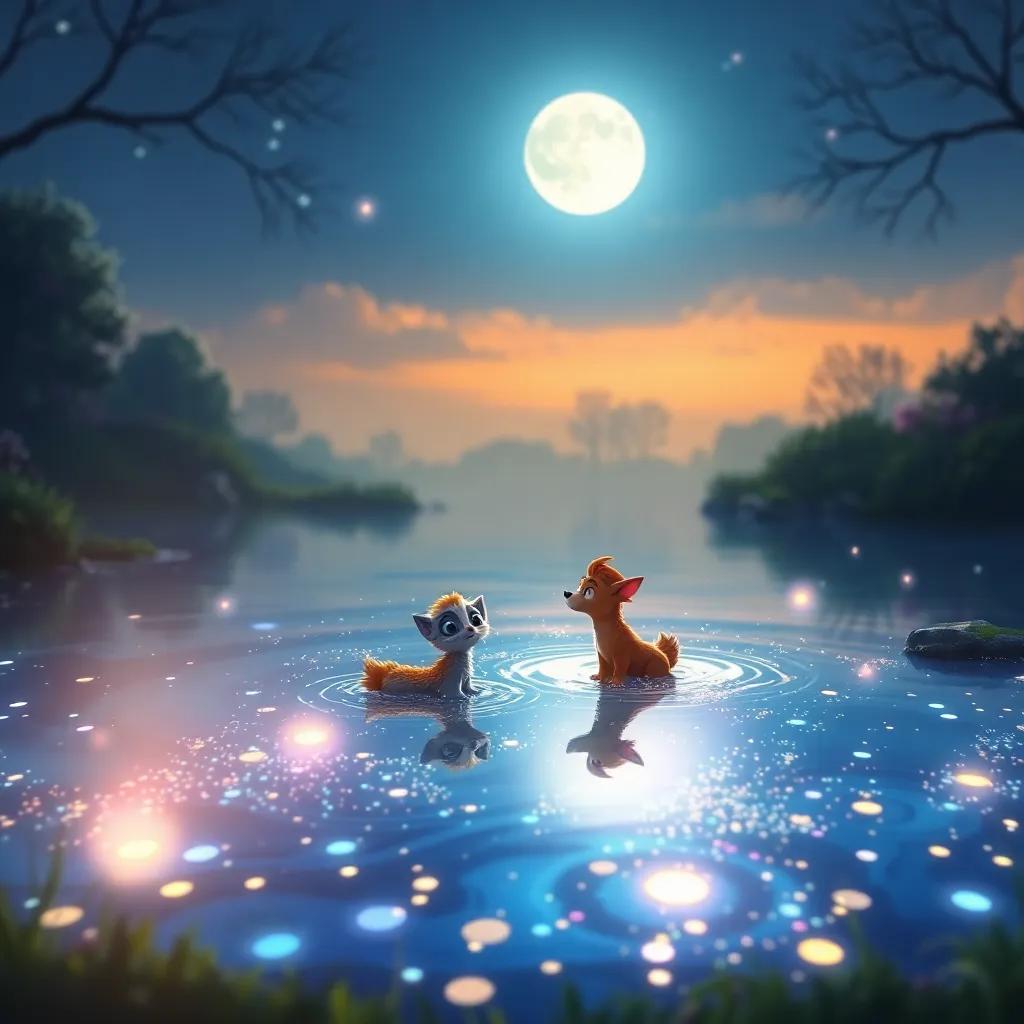 A magical sparkle pond shimmering under the moonlight with reflections of Louie's friends, with bright colors and glowing spots, illustrating the beauty of friendship, enchanting scene, high quality