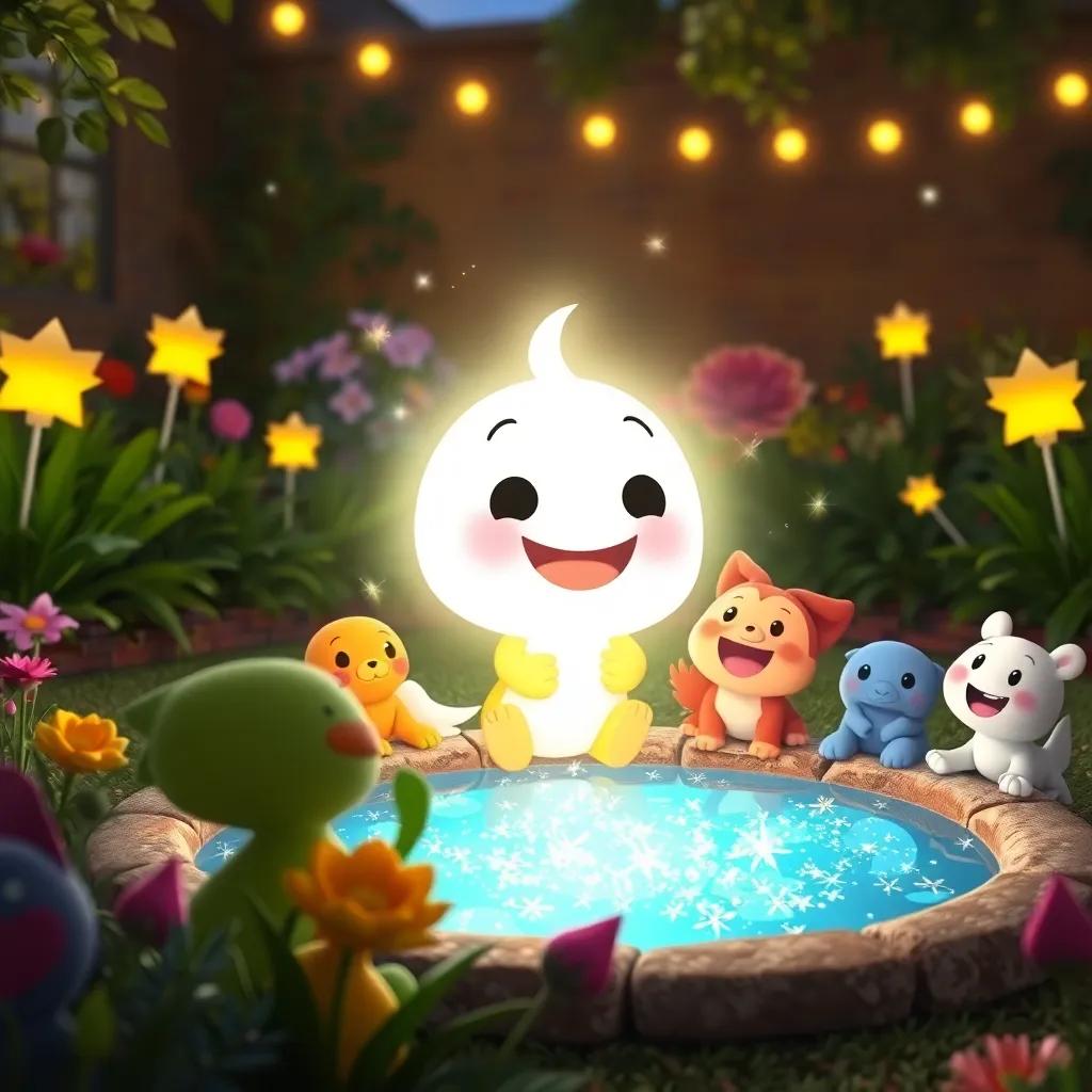 Louie realizing his glow is special, shining brightly with happiness, surrounded by his friends celebrating around the sparkle pond in the garden, joyful atmosphere, high quality