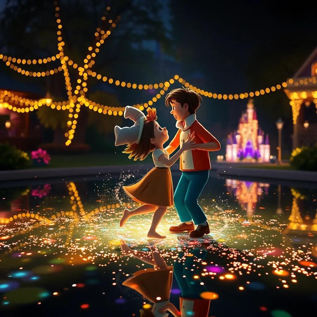 As they dance around the sparkle pond, Louie's glow is more pronounced, lighting up the area, capturing the wonder of the moment, colorful lights and reflections, high quality