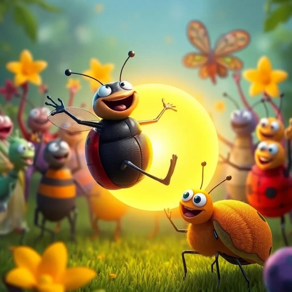Benny the beetle happily spinning around Louie, who is glowing with joy, with all the insect friends cheering in the background, vibrant colors and a sense of community, high quality