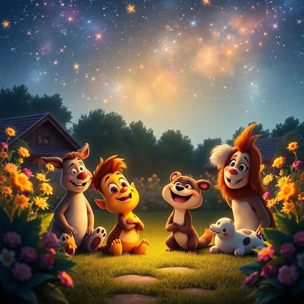 A beautiful garden setting with Louie and his friends together, all glowing in harmony under the starry night sky, illustrating acceptance and joy, heartwarming scene, high quality