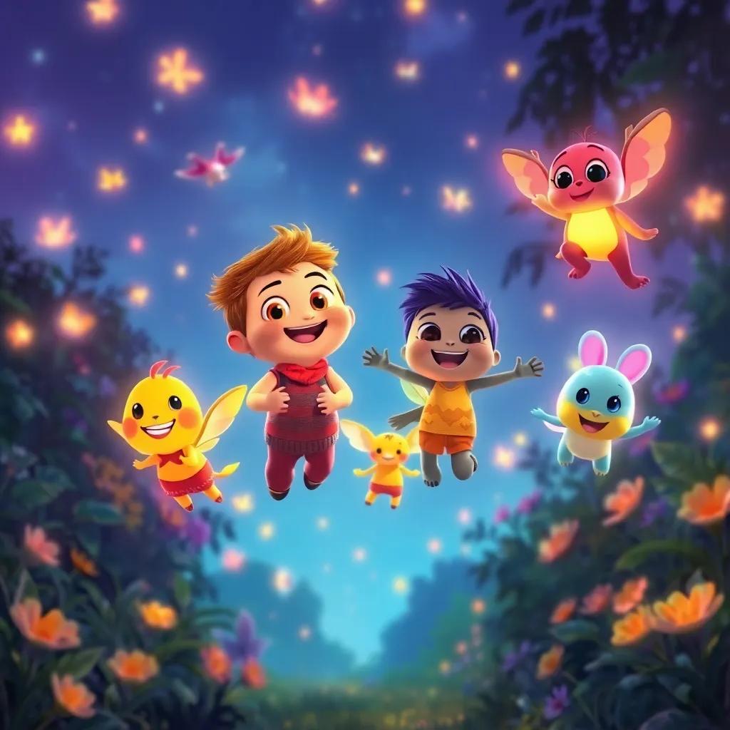 Louie and his friends flying together across the garden, each glow contributing to a beautiful light show, filled with adventure and friendship, bright colors and joyful ambiance, high quality