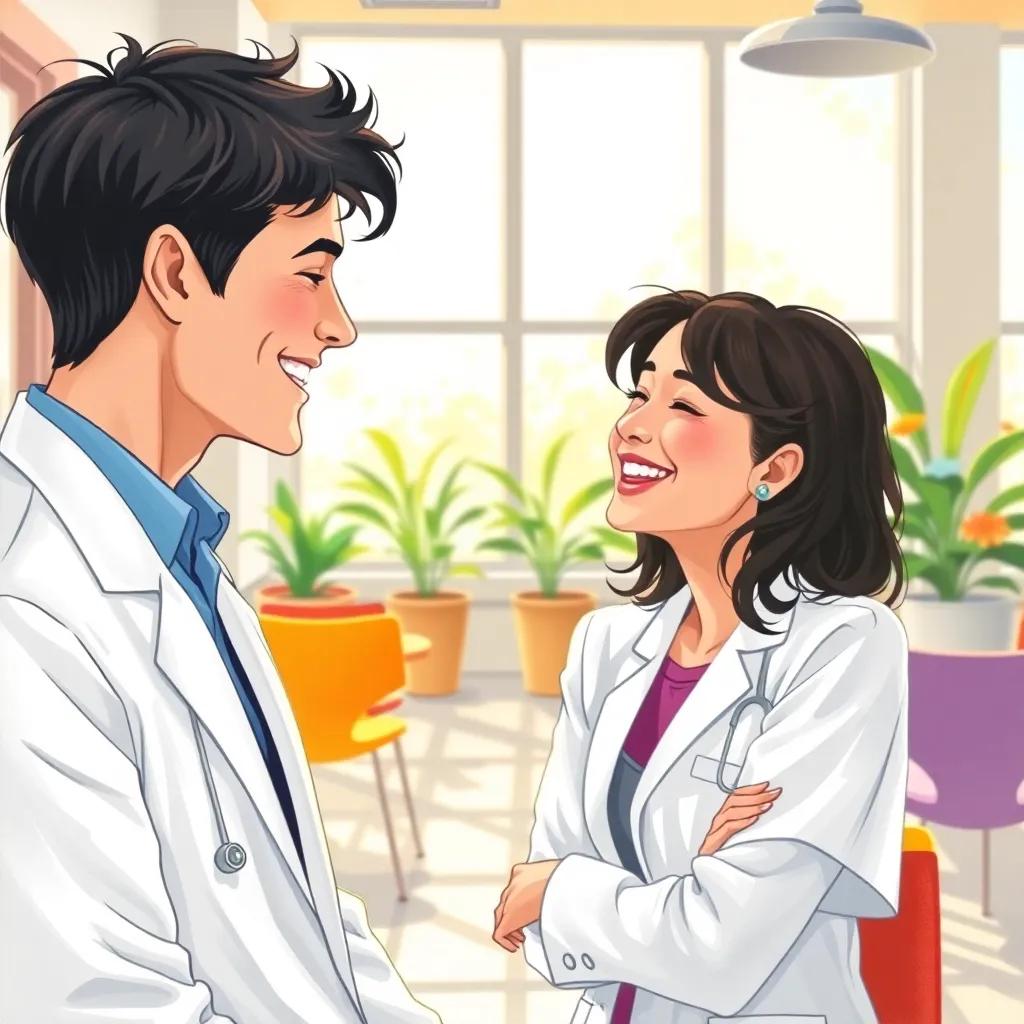 A handsome guy, Leo, with short black hair, wearing a white doctor's coat, laughing with Lily in a sunny hospital break room with plants and colorful chairs, illustration, cheerful, friendly vibe, inviting and uplifting