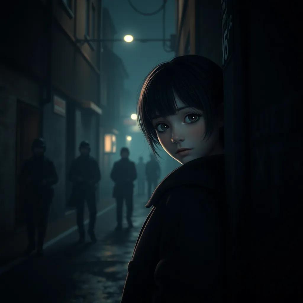 A girl in a dimly lit street of the UR, peeking from behind a wall at shadowy patrol figures, wears a warm coat, short hair, with a curious expression, digital art, moody lighting, dark colors, suspenseful atmosphere, high quality