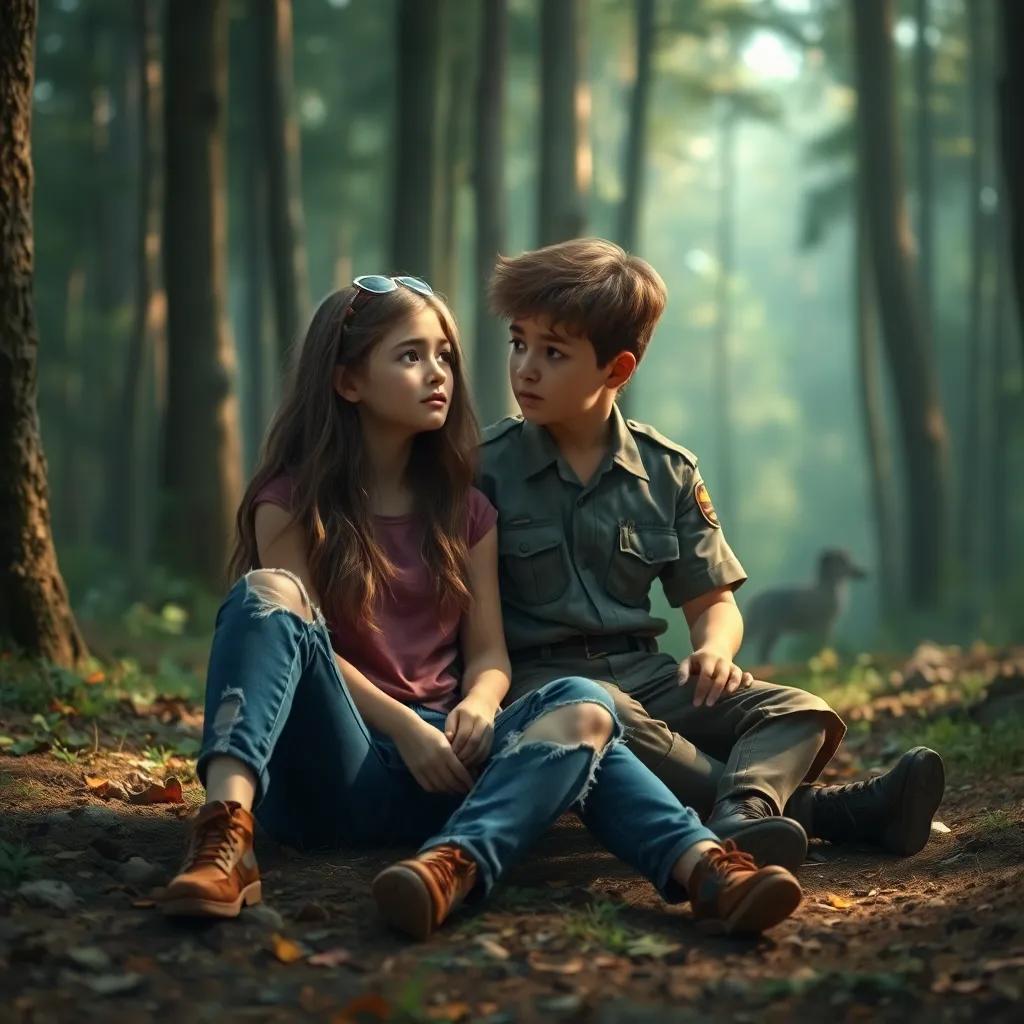 A serene scene in the woods, where a girl sits on the ground, with a boy from the patrol beside her, both looking at each other, she has torn jeans, he wears a patrol uniform, concerned expressions, digital painting, soft light, warm colors, intimate atmosphere, detailed