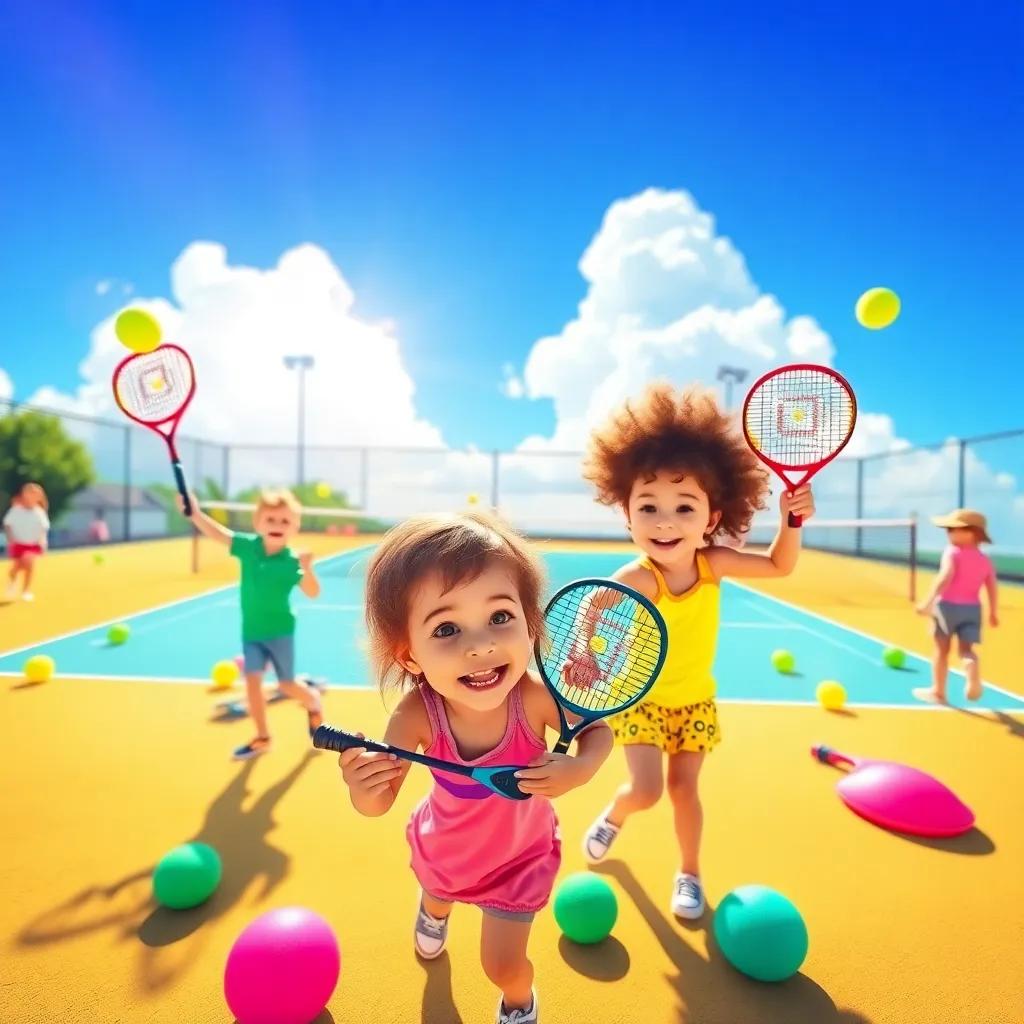 A bright and sunny padel court filled with colorful padel rackets and balls, young children playing excitedly, summer day, vibrant colors, cheerful atmosphere, high quality