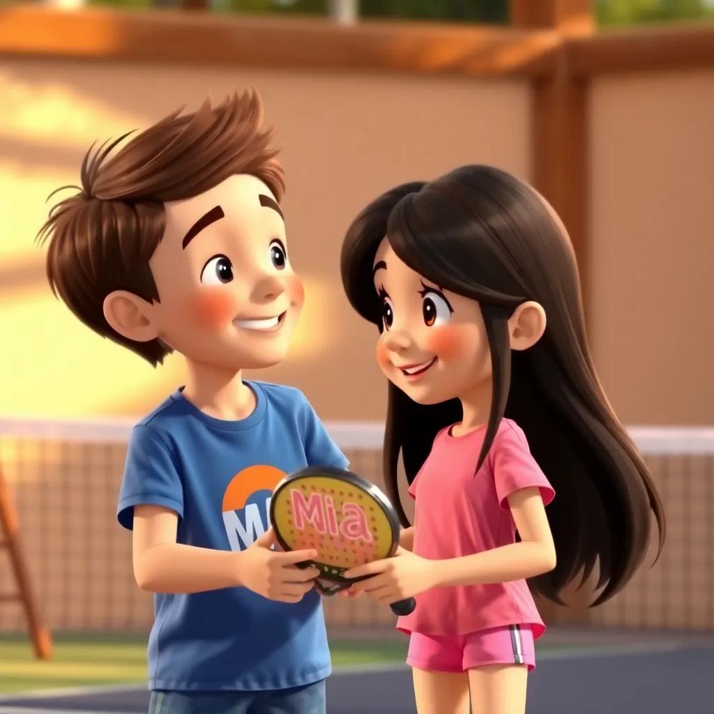 Max, a young boy with short brown hair, wearing a blue t-shirt and shorts, smiling as he invites Mia, a girl with long black hair wearing a pink t-shirt and shorts, to play padel, friendly setting, warm light, joyful expression